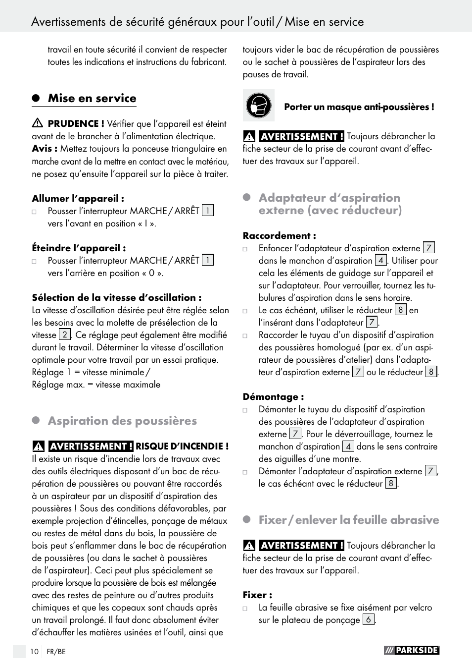 Mise en service, Aspiration des poussières, Adaptateur d‘aspiration externe (avec réducteur) | Fixer / enlever la feuille abrasive | Parkside PDS 290 A1 User Manual | Page 10 / 43