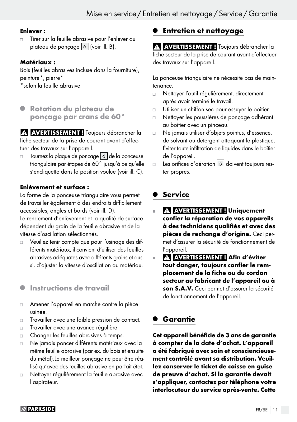 Rotation du plateau de ponçage par crans de 60, Instructions de travail, Entretien et nettoyage | Service, Garantie | Parkside PDS 290 A1 User Manual | Page 11 / 43