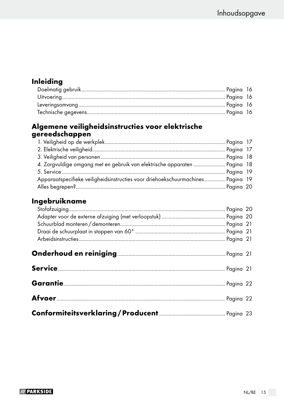 Inhoudsopgave | Parkside PDS 290 A1 User Manual | Page 15 / 43