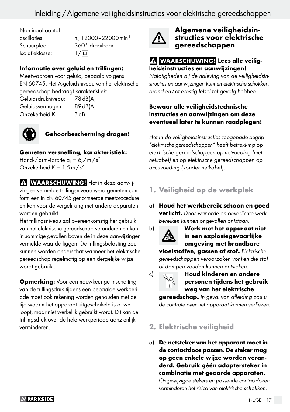 Veiligheid op de werkplek, Elektrische veiligheid | Parkside PDS 290 A1 User Manual | Page 17 / 43