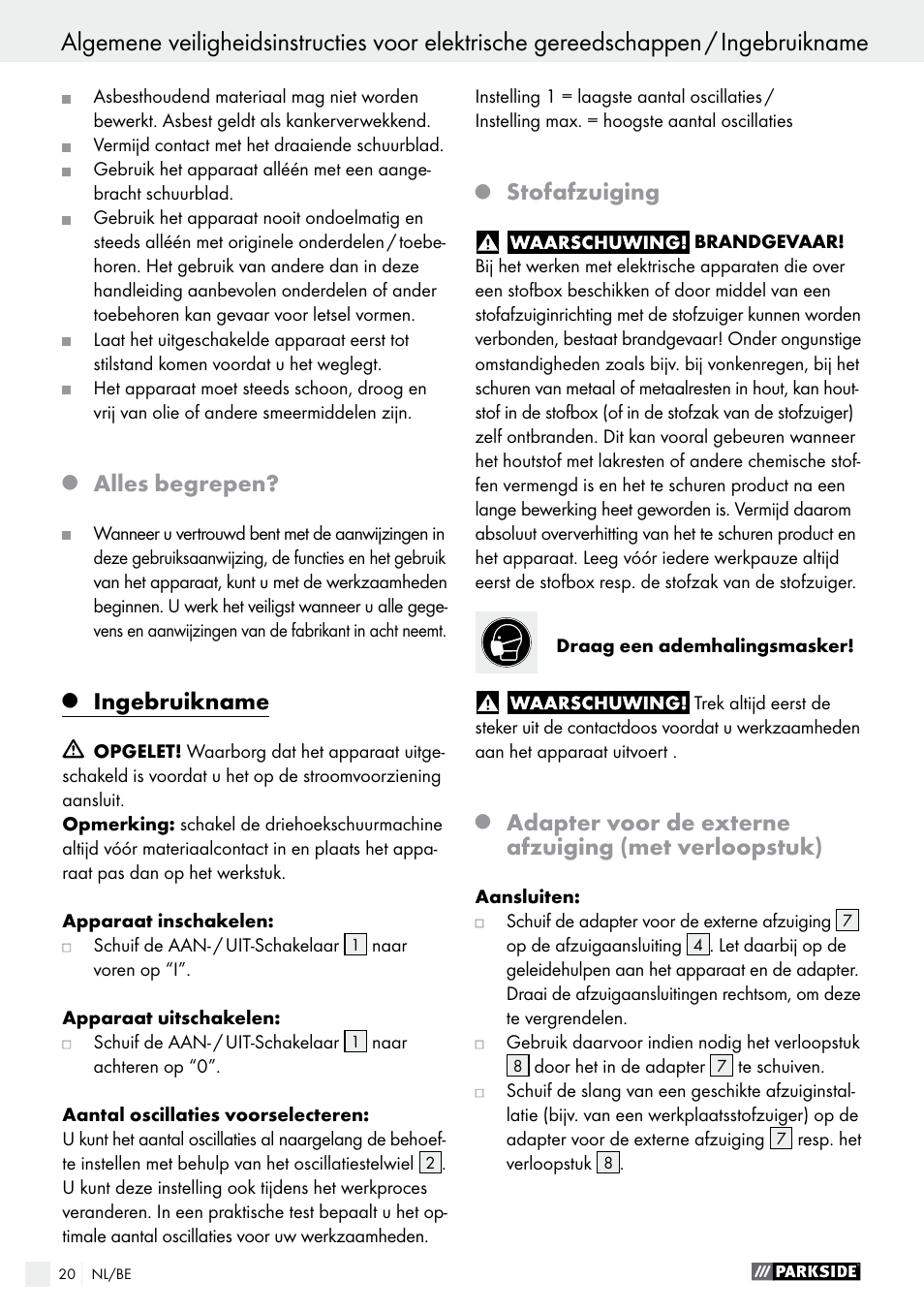 Alles begrepen, Ingebruikname, Stofafzuiging | Parkside PDS 290 A1 User Manual | Page 20 / 43