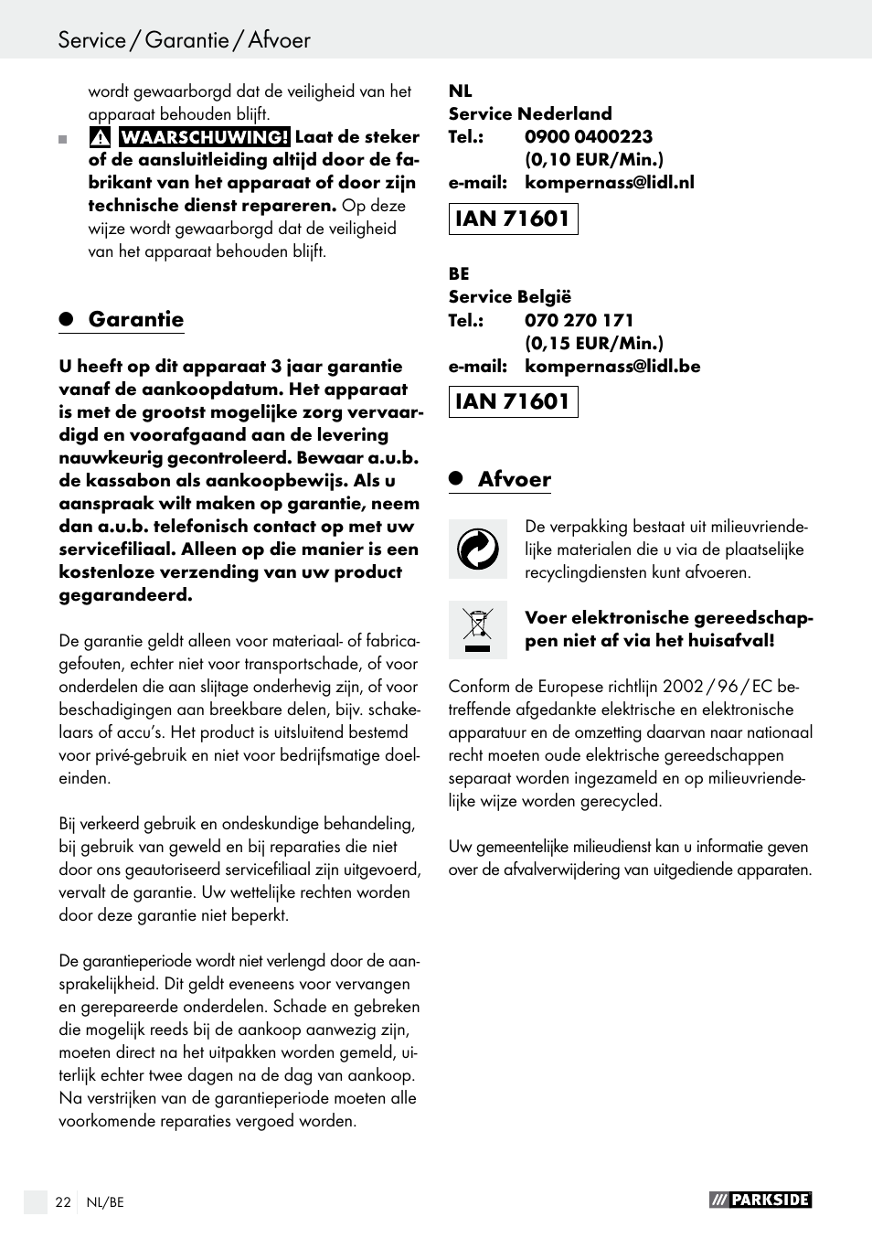 Garantie, Afvoer | Parkside PDS 290 A1 User Manual | Page 22 / 43