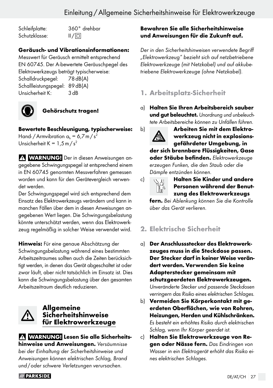Arbeitsplatz-sicherheit, Elektrische sicherheit | Parkside PDS 290 A1 User Manual | Page 27 / 43
