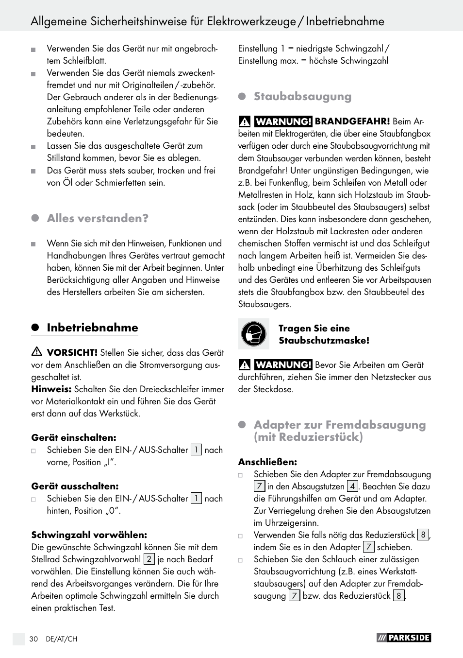 Alles verstanden, Inbetriebnahme, Staubabsaugung | Adapter zur fremdabsaugung (mit reduzierstück) | Parkside PDS 290 A1 User Manual | Page 30 / 43