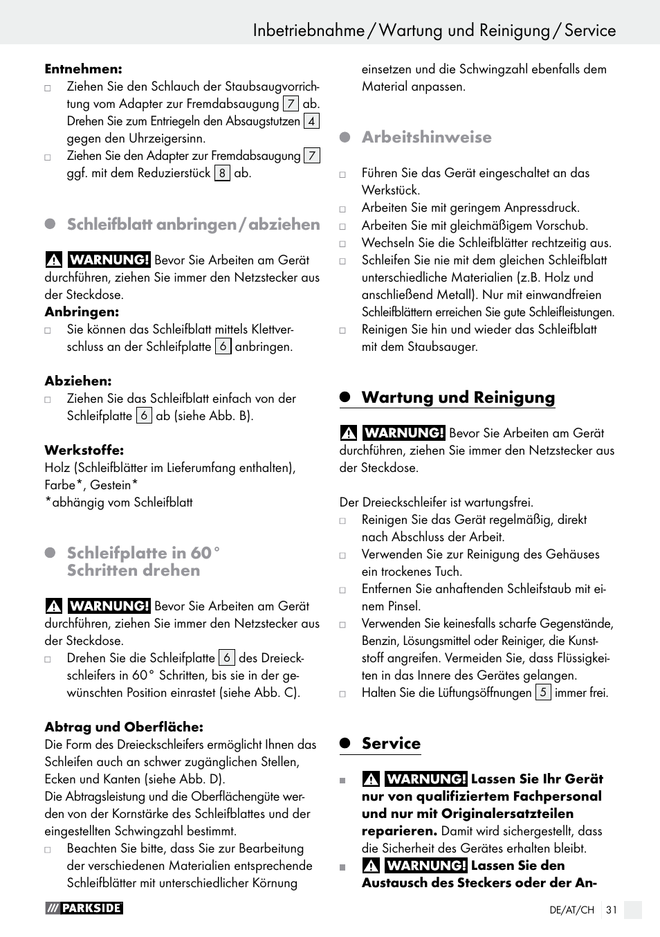 Schleifblatt anbringen / abziehen, Schleifplatte in 60° schritten drehen, Arbeitshinweise | Wartung und reinigung, Service | Parkside PDS 290 A1 User Manual | Page 31 / 43