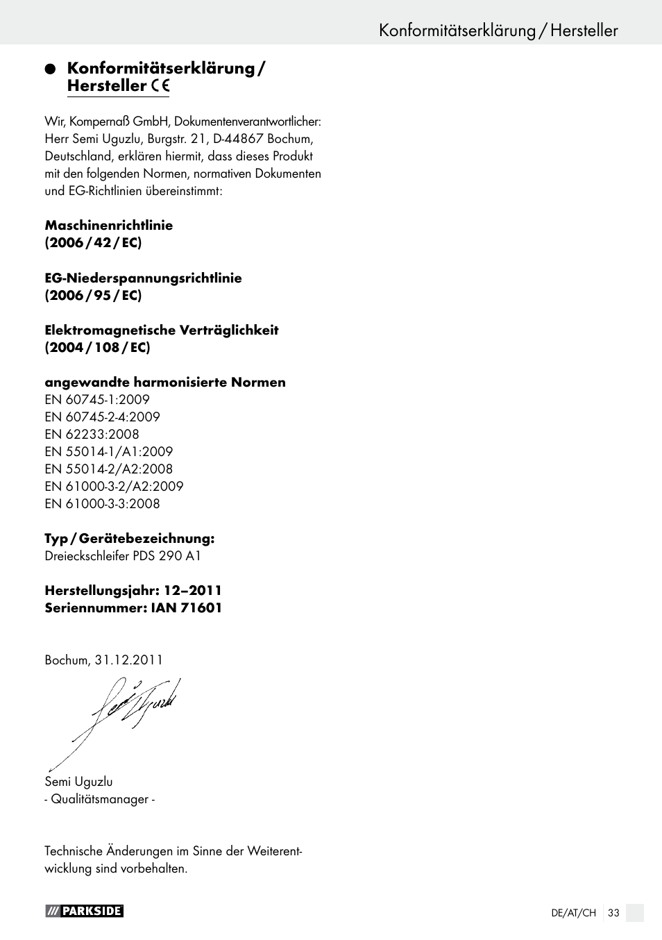 Konformitätserklärung / hersteller | Parkside PDS 290 A1 User Manual | Page 33 / 43