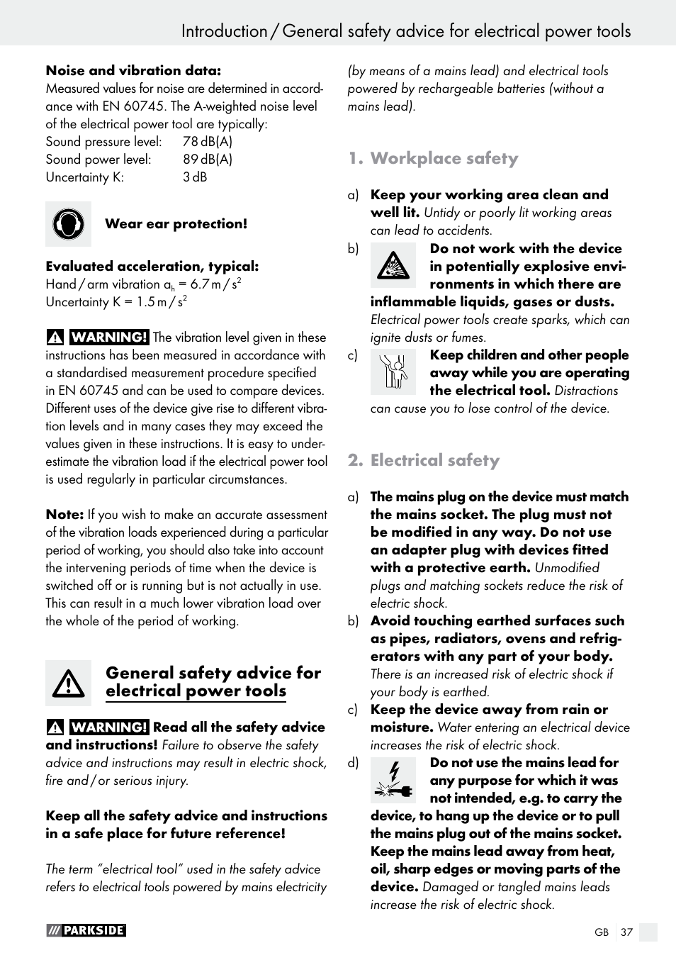 Introduction, General safety advice for electrical power tools, Workplace safety | Electrical safety | Parkside PDS 290 A1 User Manual | Page 37 / 43