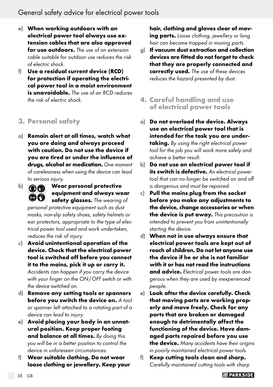 Personal safety, Careful handling and use of electrical power tools | Parkside PDS 290 A1 User Manual | Page 38 / 43