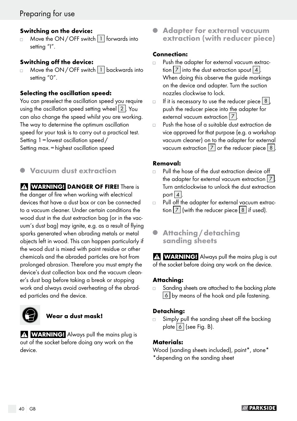 Vacuum dust extraction, Attaching / detaching sanding sheets | Parkside PDS 290 A1 User Manual | Page 40 / 43