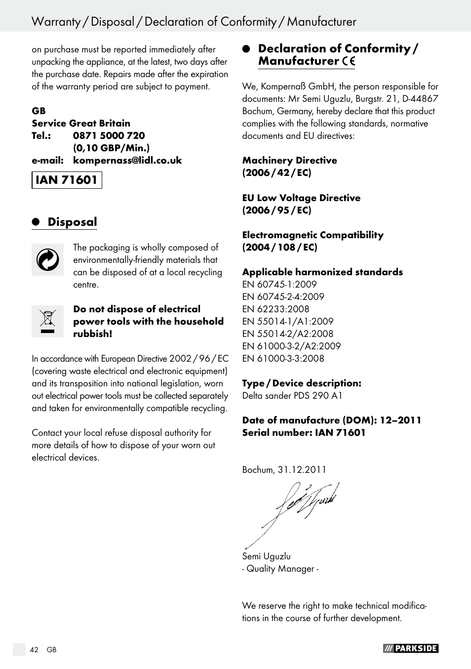 Disposal, Declaration of conformity / manufacturer | Parkside PDS 290 A1 User Manual | Page 42 / 43