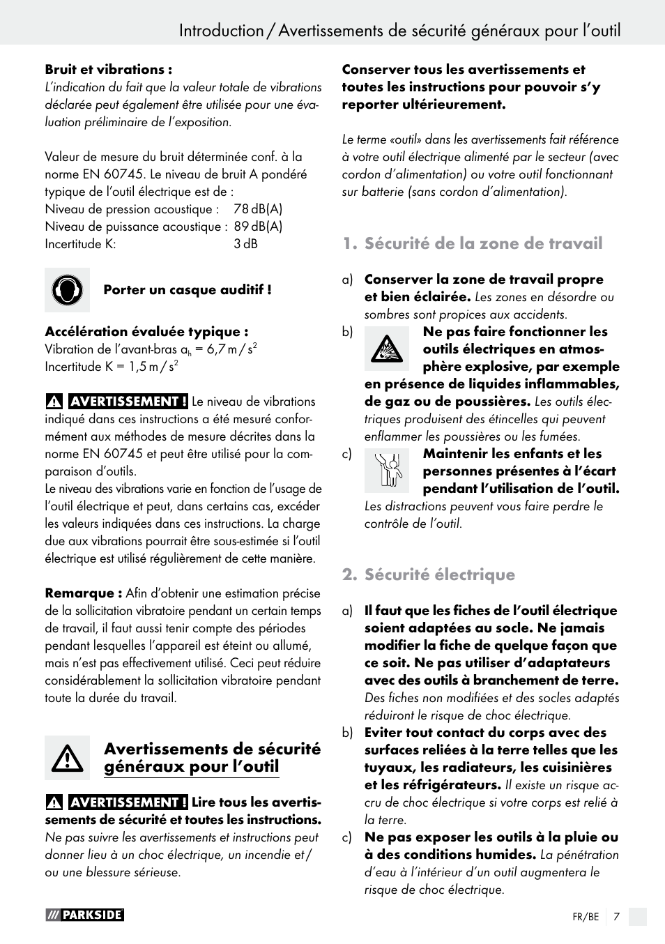 Avertissements de sécurité généraux pour l’outil, Sécurité de la zone de travail, Sécurité électrique | Parkside PDS 290 A1 User Manual | Page 7 / 43