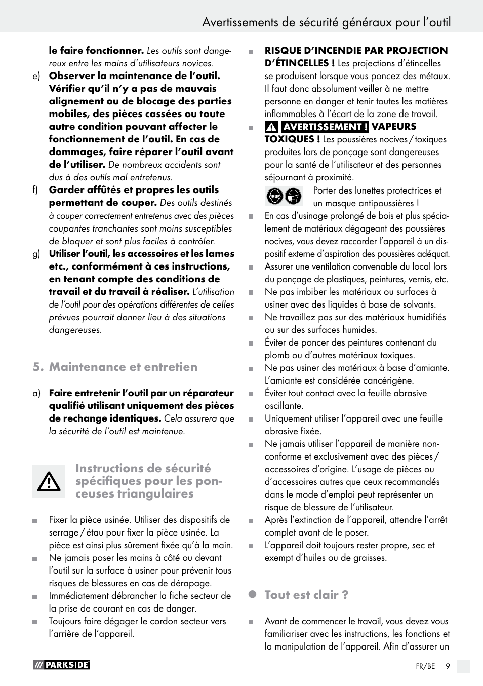 Avertissements de sécurité généraux pour l’outil, Maintenance et entretien, Tout est clair | Parkside PDS 290 A1 User Manual | Page 9 / 43