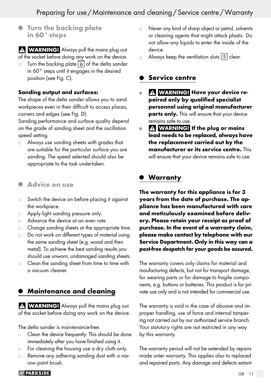 Preparing for use, Turn the backing plate in 60° steps, Advice on use | Maintenance and cleaning, Service centre, Warranty | Parkside PDS 290 A1 User Manual | Page 11 / 48