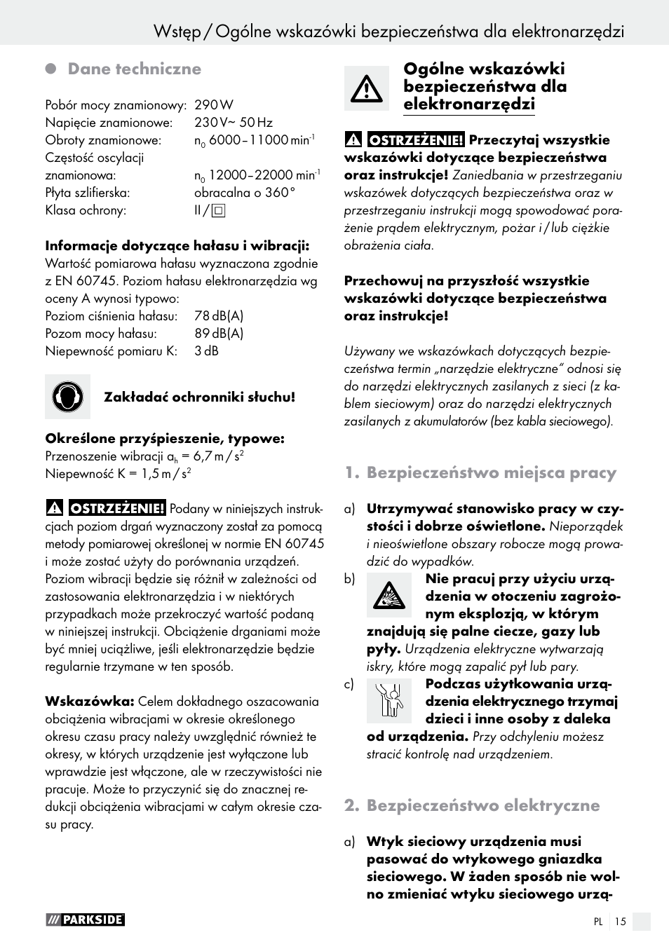Dane techniczne, Bezpieczeństwo miejsca pracy, Bezpieczeństwo elektryczne | Parkside PDS 290 A1 User Manual | Page 15 / 48