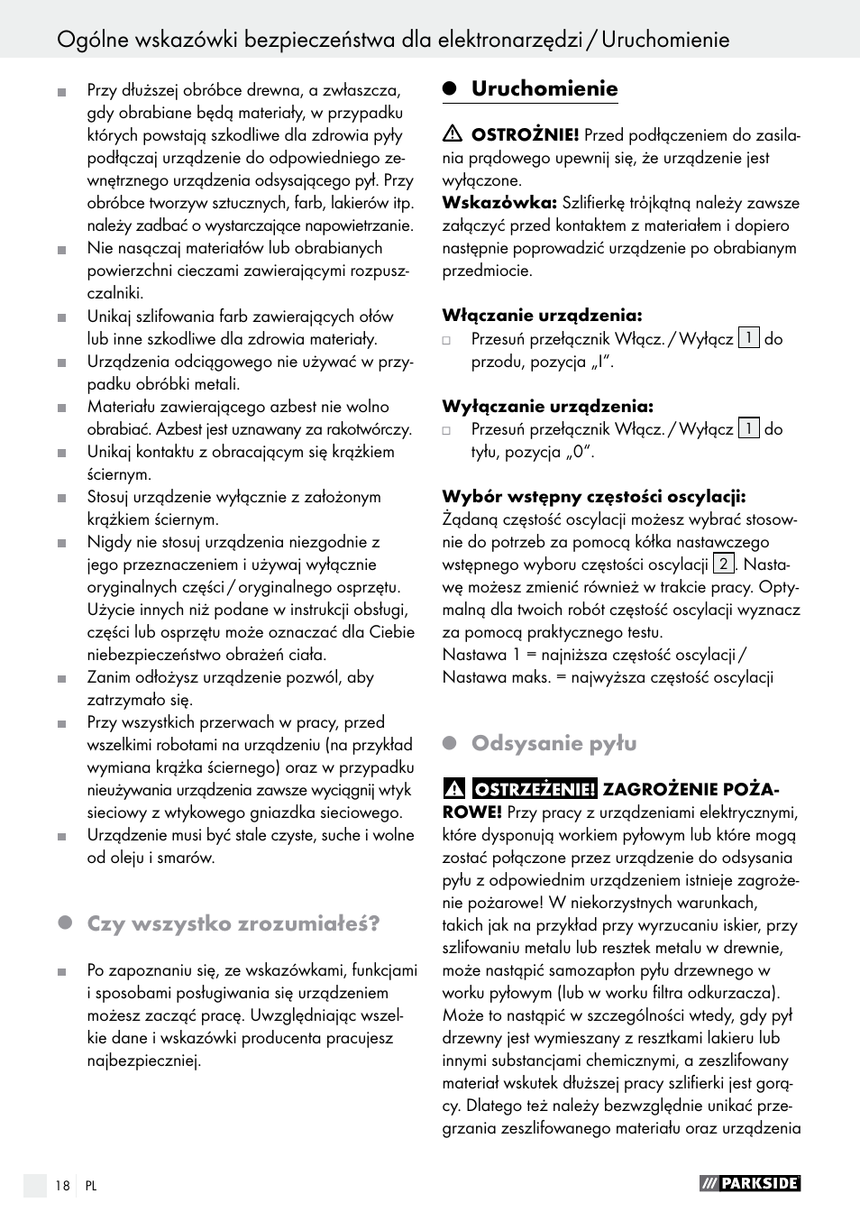 Czy wszystko zrozumiałeś, Uruchomienie, Odsysanie pyłu | Parkside PDS 290 A1 User Manual | Page 18 / 48