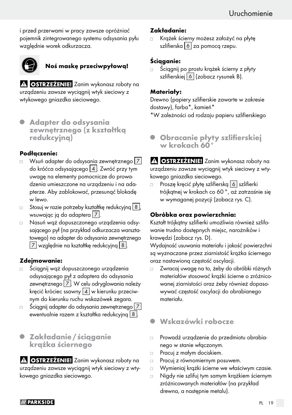 Zakładanie / ściąganie krążka ściernego, Obracanie płyty szlifierskiej w krokach 60, Wskazówki robocze | Parkside PDS 290 A1 User Manual | Page 19 / 48