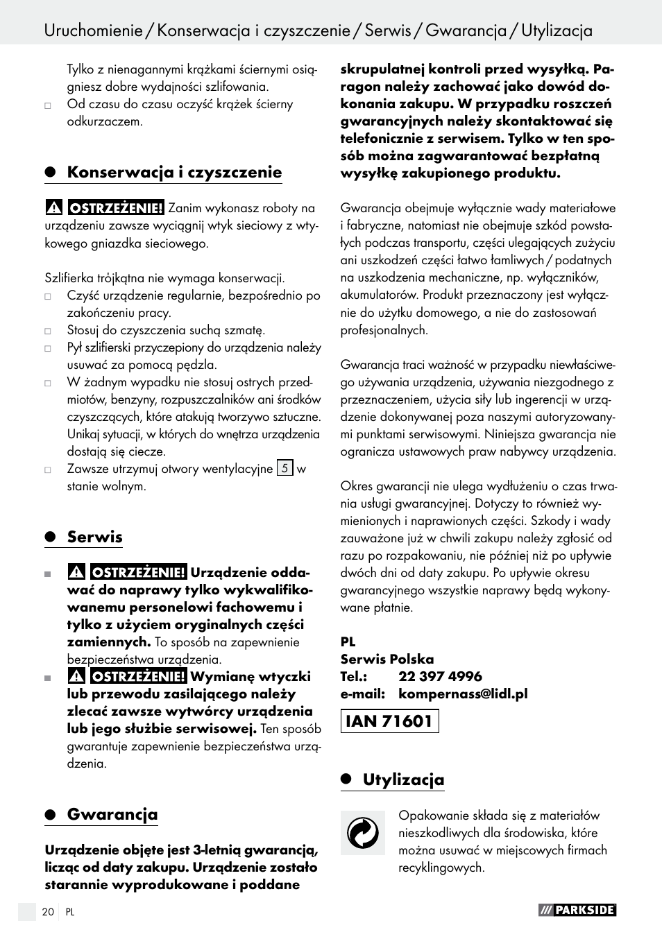 Utylizacja / deklaracja zgodności / producent, Konserwacja i czyszczenie, Serwis | Gwarancja, Utylizacja | Parkside PDS 290 A1 User Manual | Page 20 / 48