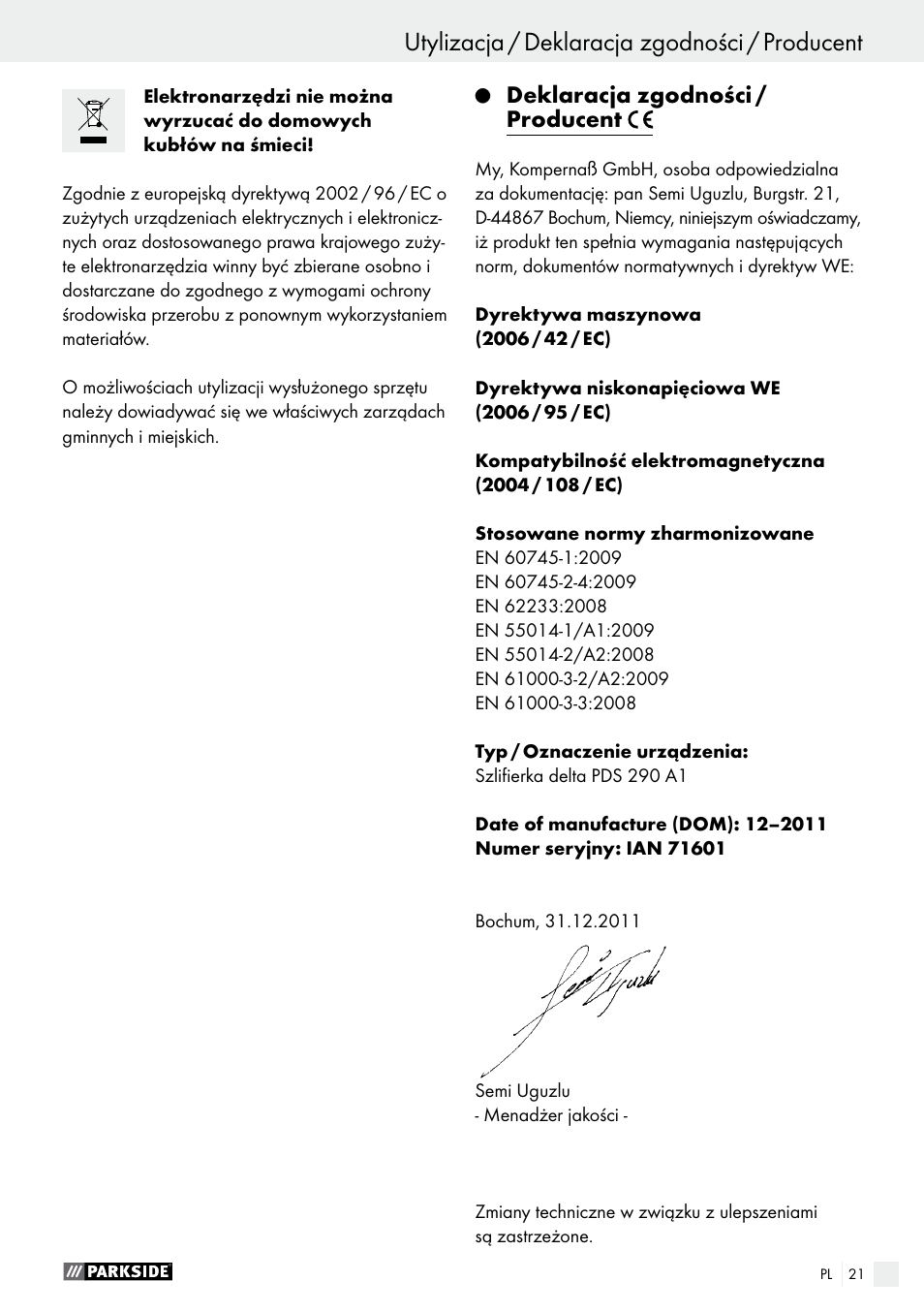Utylizacja / deklaracja zgodności / producent, Deklaracja zgodności / producent | Parkside PDS 290 A1 User Manual | Page 21 / 48