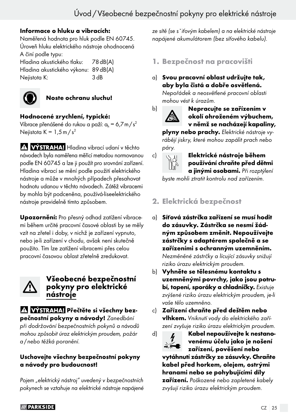 Bezpečnost na pracovišti, Elektrická bezpečnost | Parkside PDS 290 A1 User Manual | Page 25 / 48