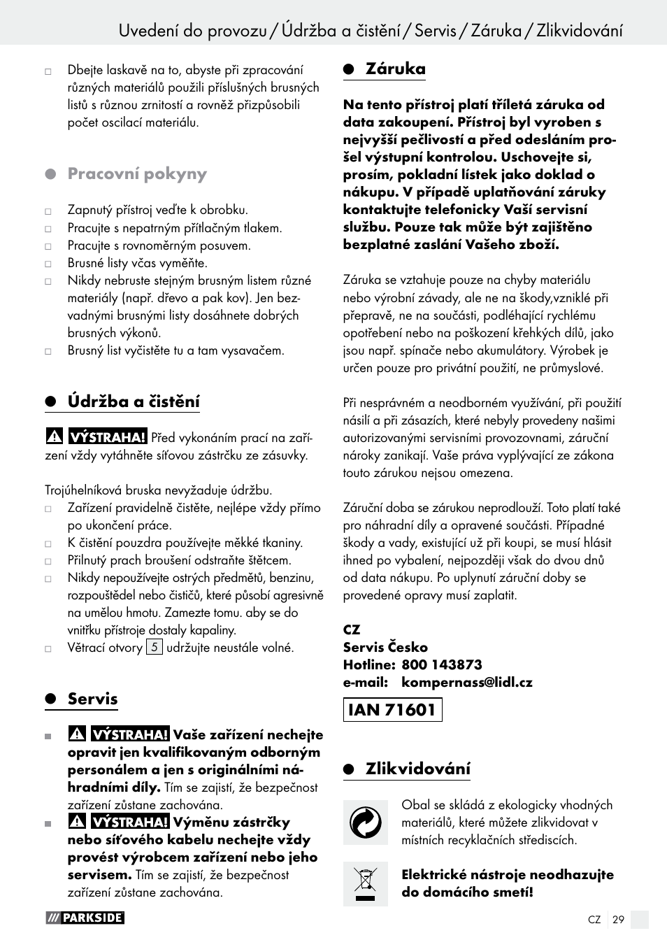 Pracovní pokyny, Údržba a čistění, Servis | Záruka, Zlikvidování | Parkside PDS 290 A1 User Manual | Page 29 / 48