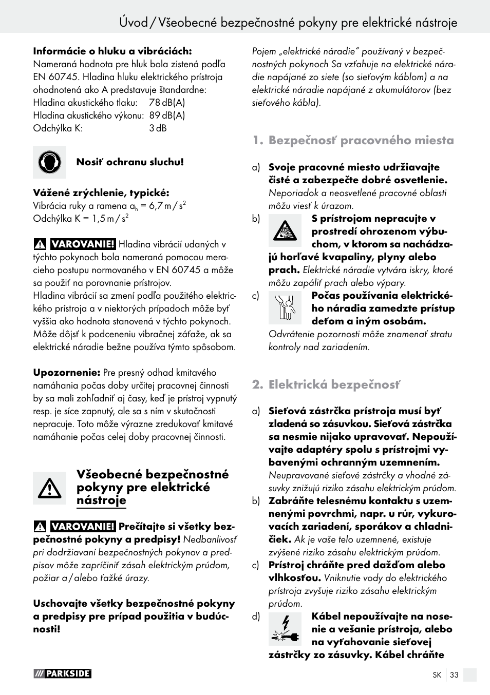 Bezpečnosť pracovného miesta, Elektrická bezpečnosť | Parkside PDS 290 A1 User Manual | Page 33 / 48
