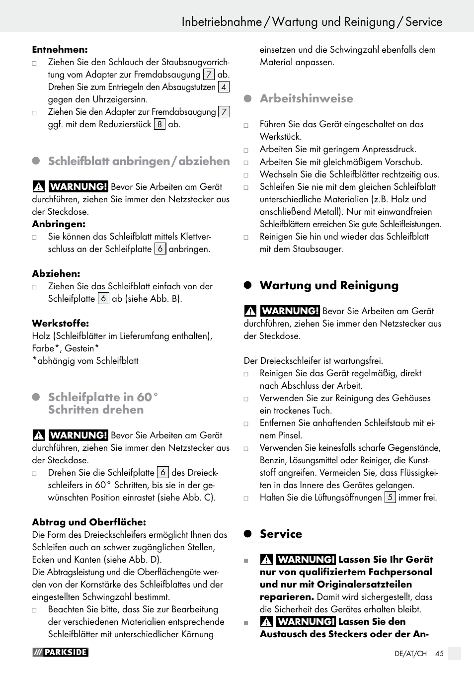 Schleifblatt anbringen / abziehen, Schleifplatte in 60° schritten drehen, Arbeitshinweise | Wartung und reinigung, Service | Parkside PDS 290 A1 User Manual | Page 45 / 48