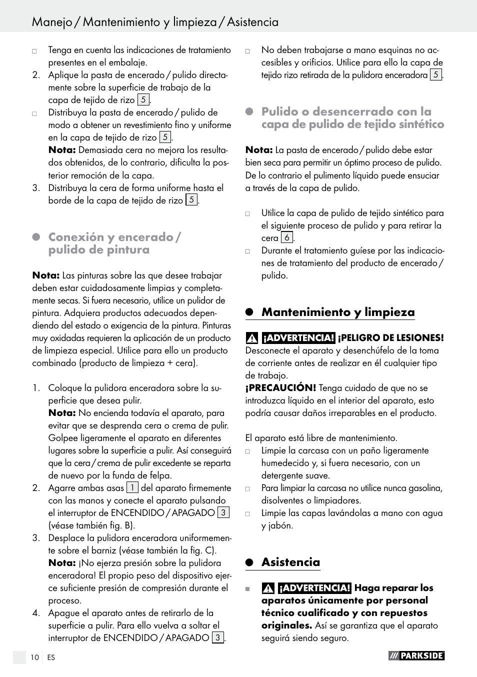 Conexión y encerado / pulido de pintura, Mantenimiento y limpieza, Asistencia | Parkside PWP 90 A1 User Manual | Page 10 / 45