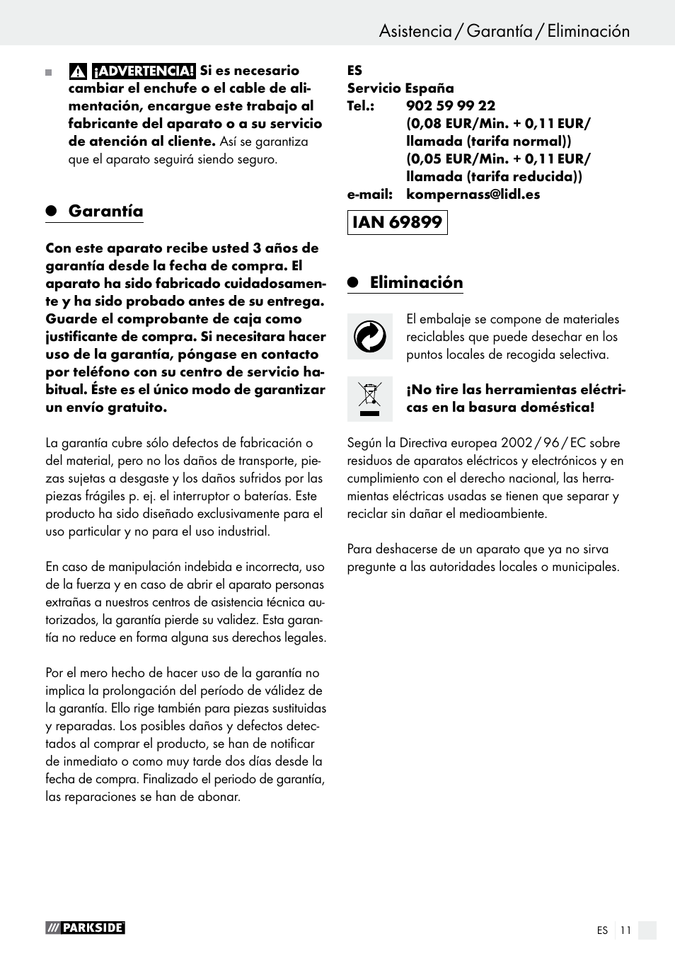 Garantía, Eliminación | Parkside PWP 90 A1 User Manual | Page 11 / 45