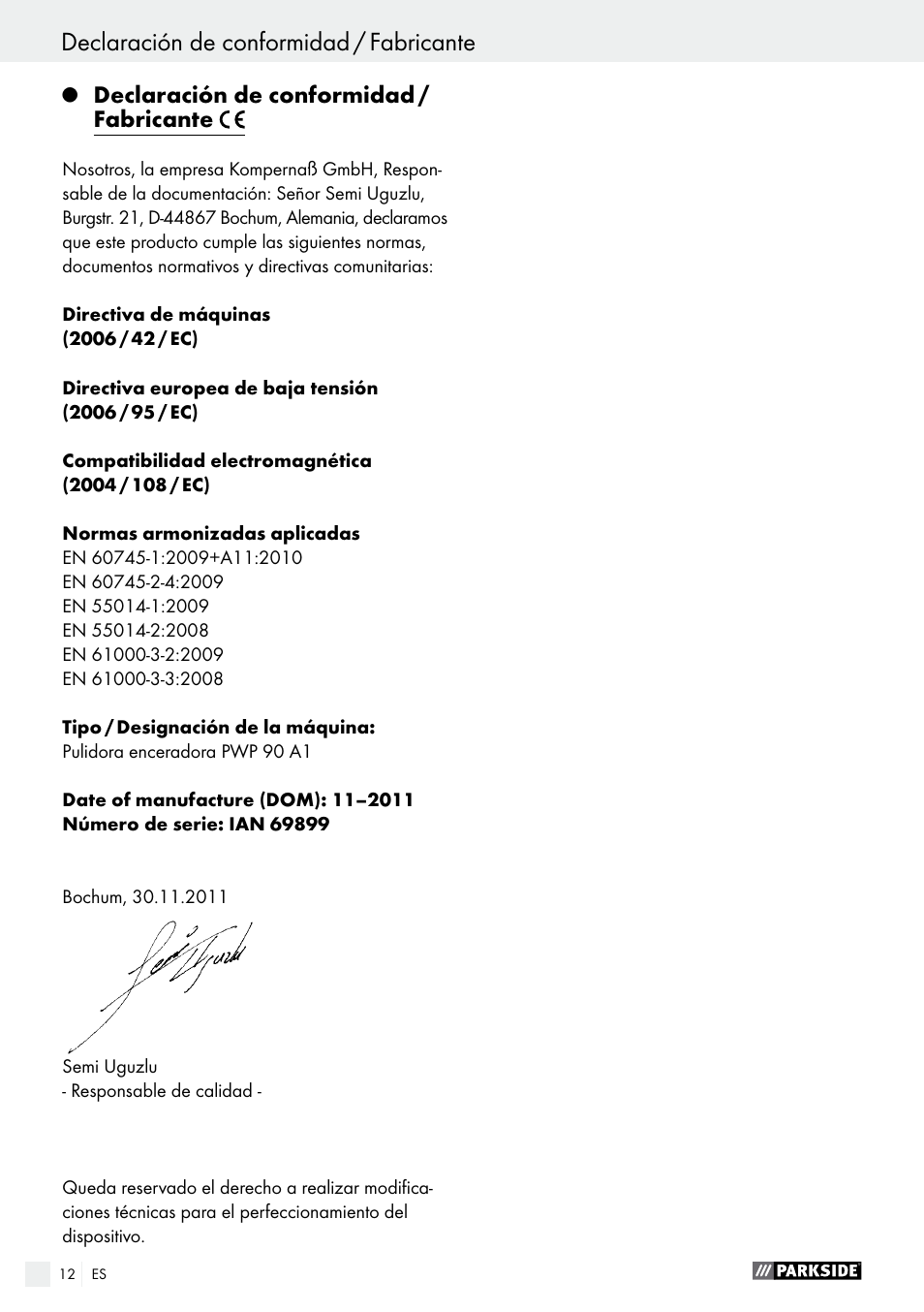 Declaración de conformidad / fabricante, Indice | Parkside PWP 90 A1 User Manual | Page 12 / 45