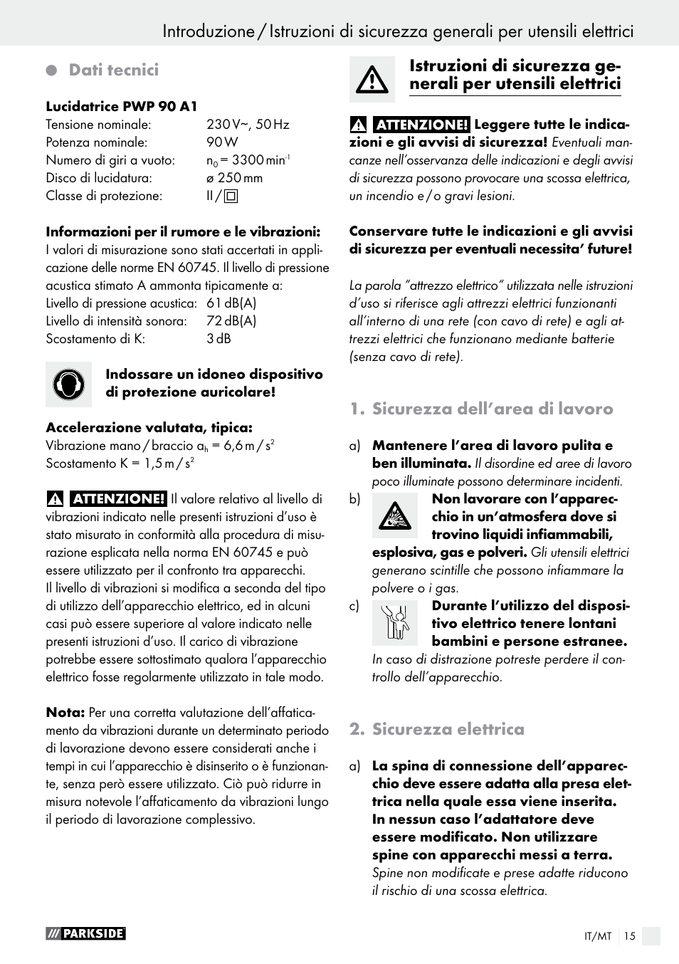 Dati tecnici, Sicurezza dell’area di lavoro, Sicurezza elettrica | Parkside PWP 90 A1 User Manual | Page 15 / 45