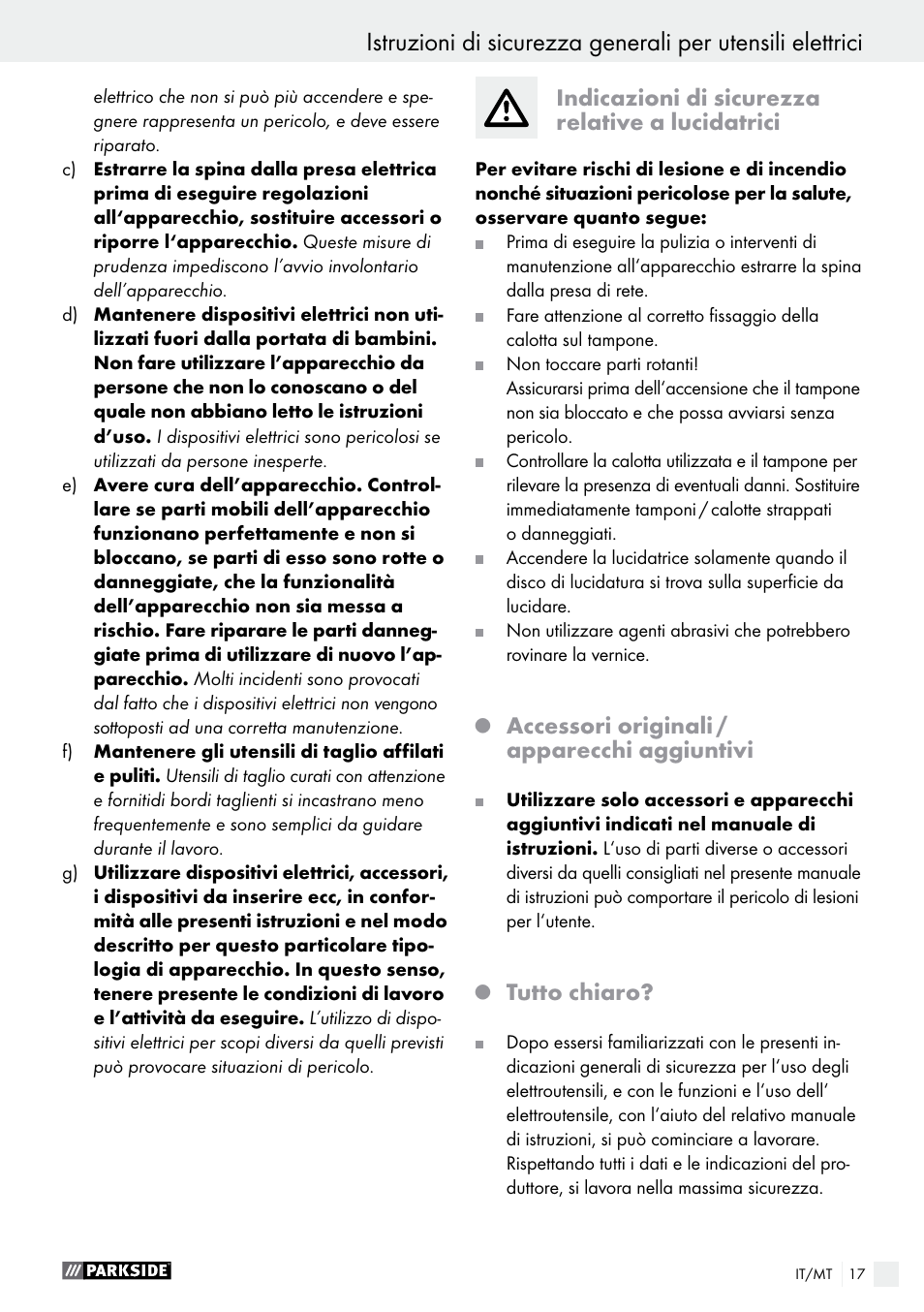 Indicazioni di sicurezza relative a lucidatrici, Accessori originali / apparecchi aggiuntivi, Tutto chiaro | Parkside PWP 90 A1 User Manual | Page 17 / 45