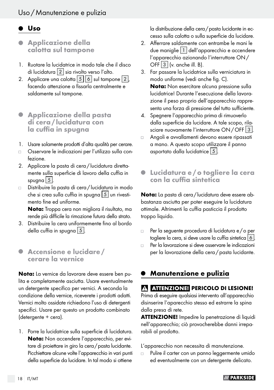 Applicazione della calotta sul tampone, Accensione e lucidare / cerare la vernice, Manutenzione e pulizia | Parkside PWP 90 A1 User Manual | Page 18 / 45