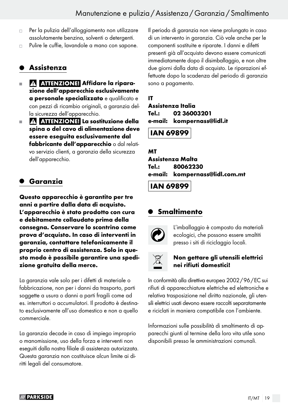 Assistenza, Garanzia, Smaltimento | Parkside PWP 90 A1 User Manual | Page 19 / 45