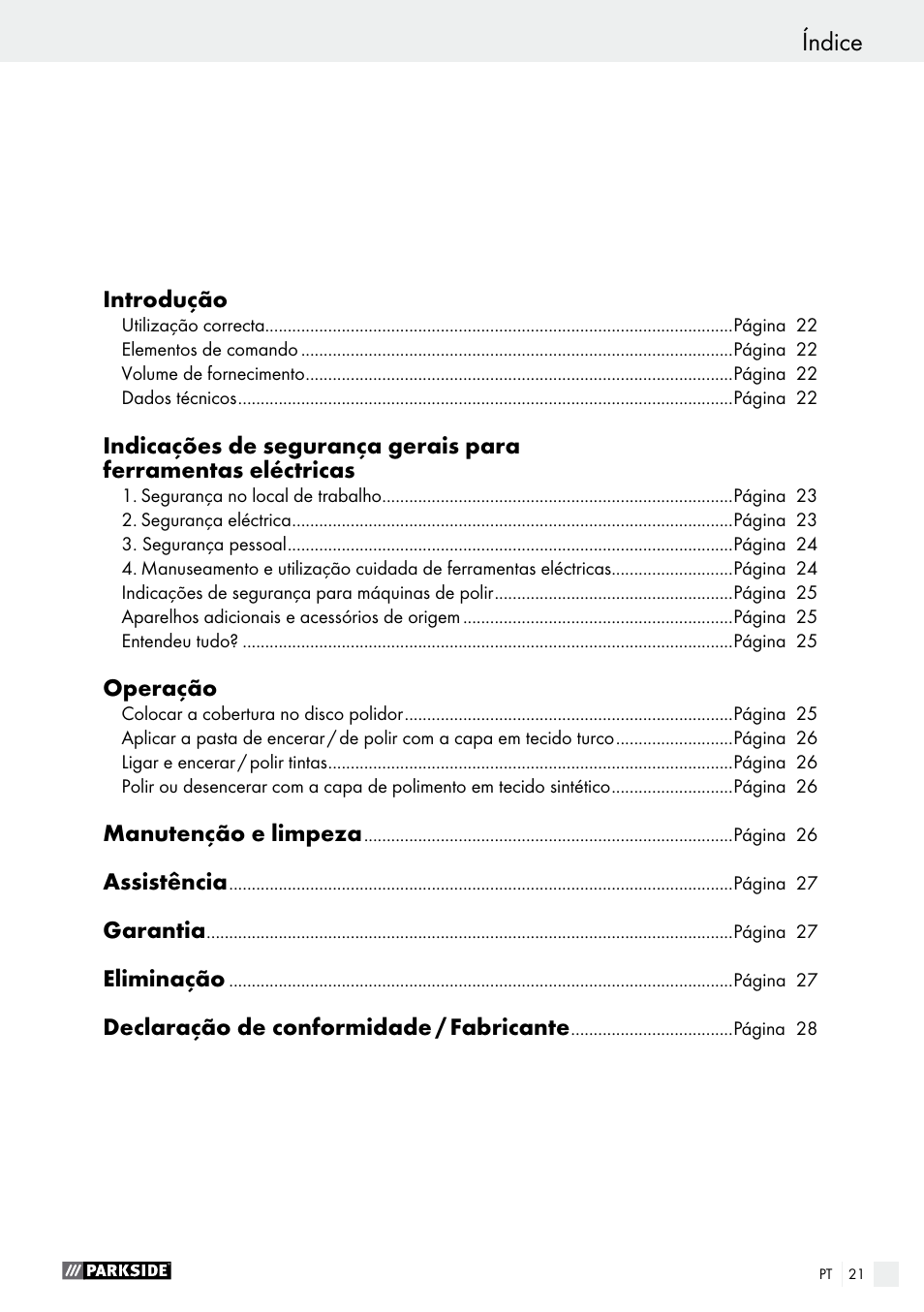 Índice, Dichiarazione di conformità / fabbricante | Parkside PWP 90 A1 User Manual | Page 21 / 45