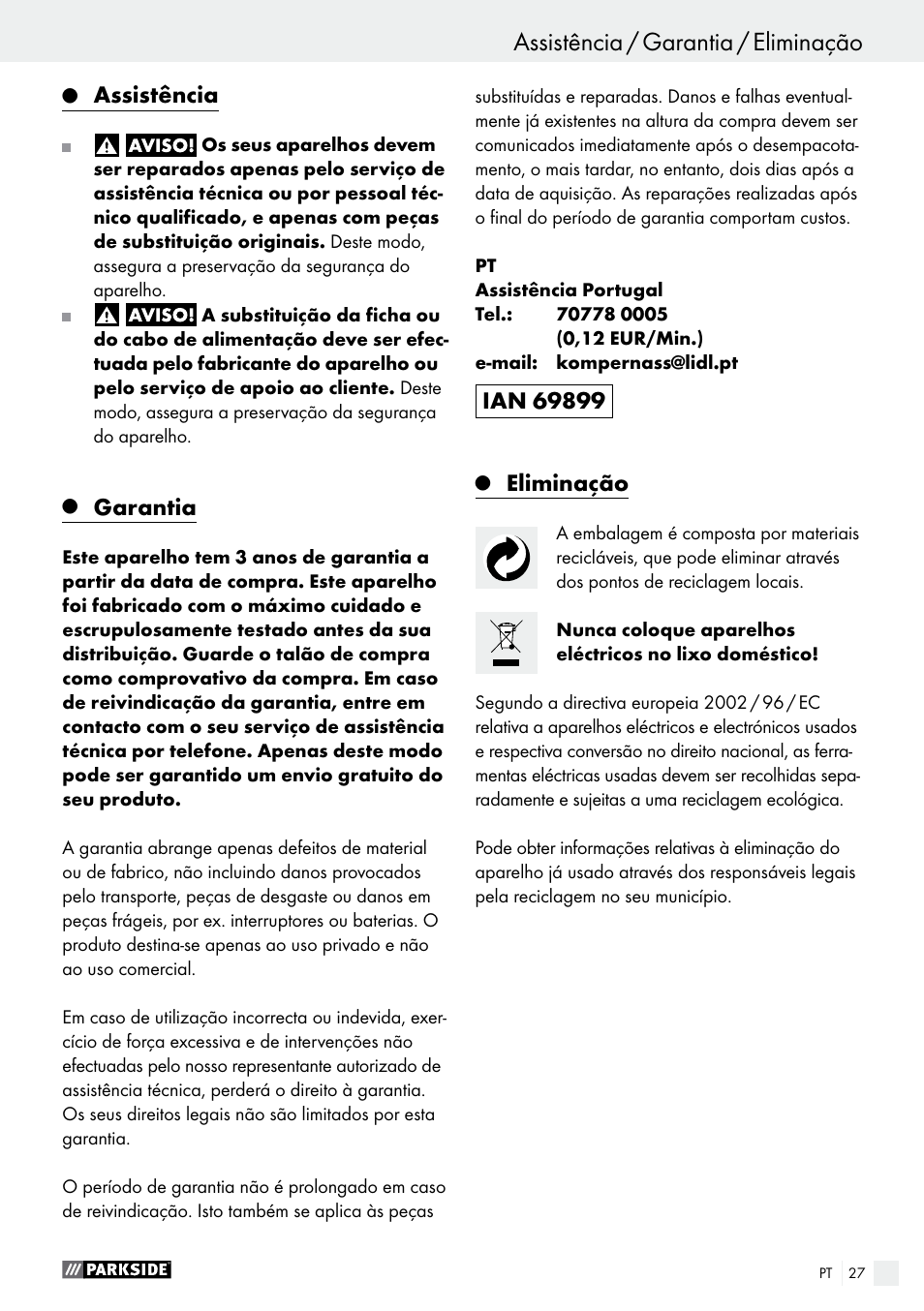 Assistência / garantia / eliminação, Operação / manutenção e limpeza, Assistência | Garantia, Eliminação | Parkside PWP 90 A1 User Manual | Page 27 / 45