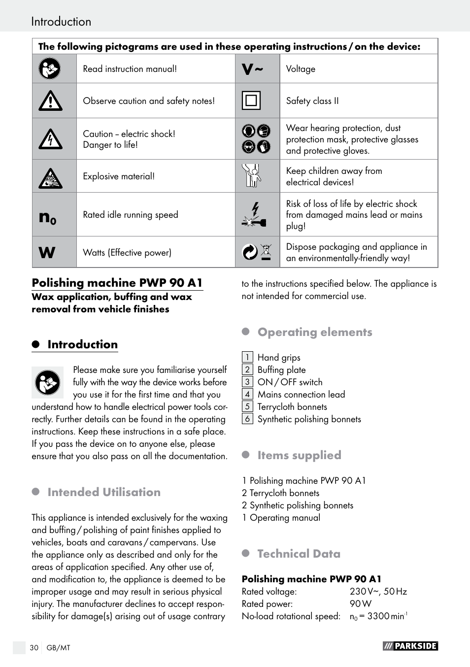 Polishing machine pwp 90 a1, Introduction, Intended utilisation | Operating elements, Items supplied, Technical data | Parkside PWP 90 A1 User Manual | Page 30 / 45