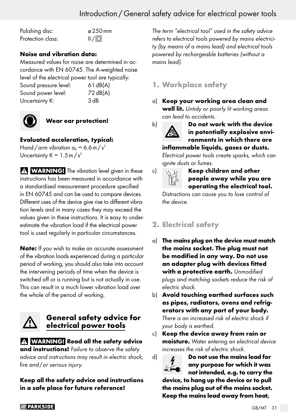 General safety advice for electrical power tools, Workplace safety, Electrical safety | Parkside PWP 90 A1 User Manual | Page 31 / 45