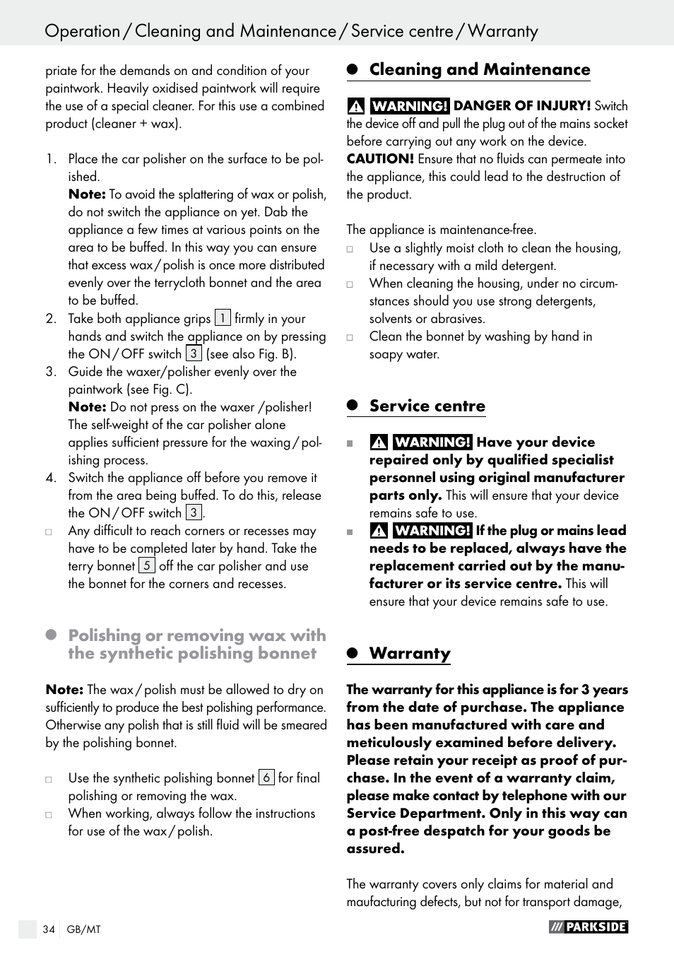 Cleaning and maintenance, Service centre, Warranty | Parkside PWP 90 A1 User Manual | Page 34 / 45