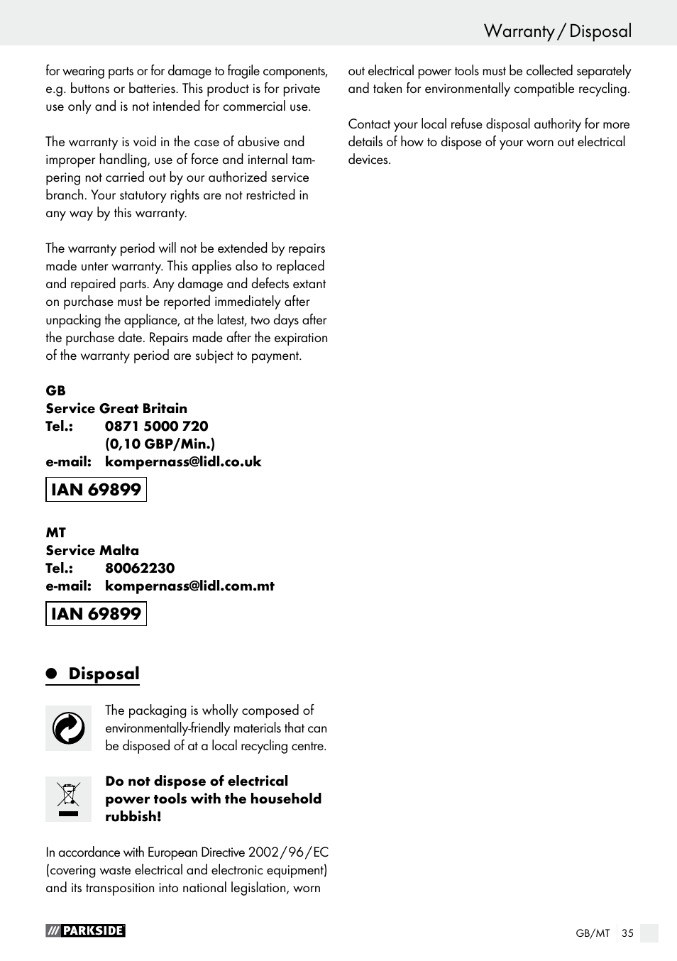 Disposal | Parkside PWP 90 A1 User Manual | Page 35 / 45