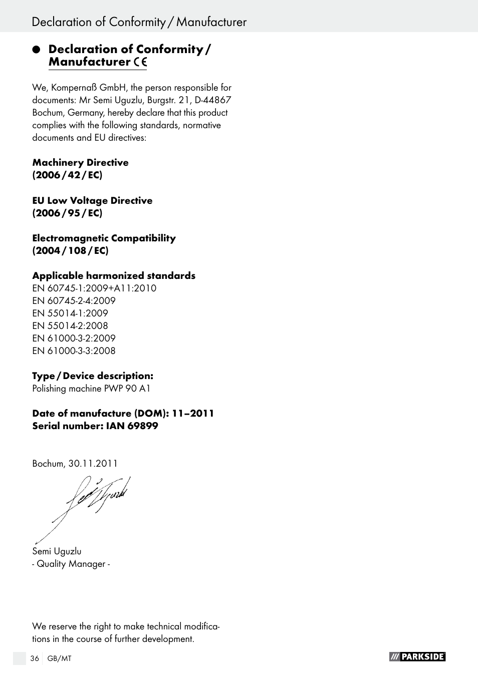 Parkside PWP 90 A1 User Manual | Page 36 / 45