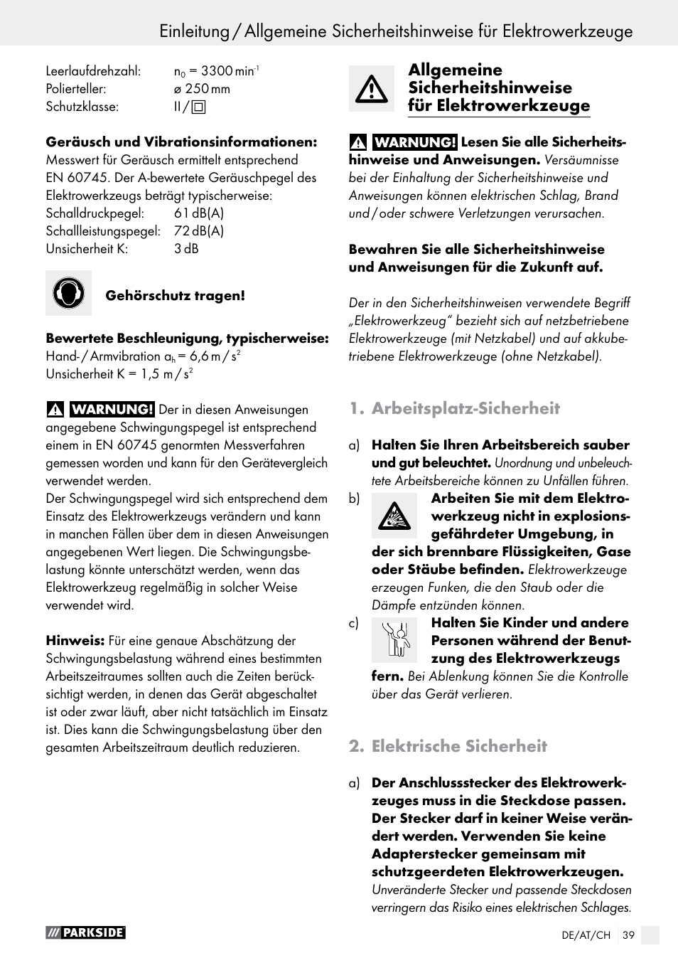 Arbeitsplatz­sicherheit, Elektrische sicherheit | Parkside PWP 90 A1 User Manual | Page 39 / 45