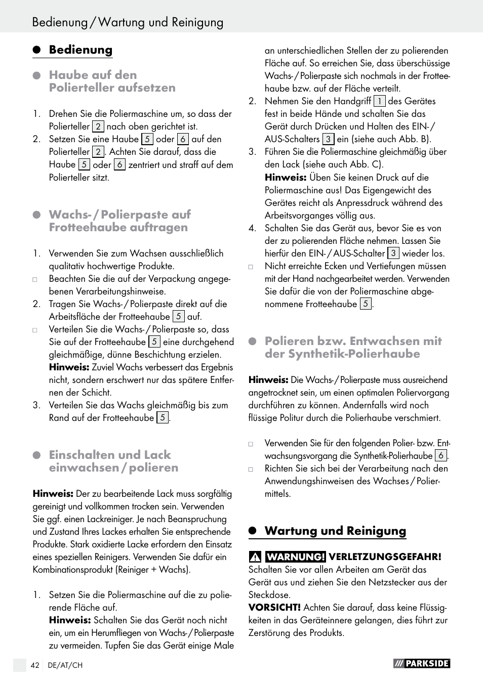 Bedienung haube auf den polierteller aufsetzen, Wachs­ / polierpaste auf frotteehaube auftragen, Einschalten und lack einwachsen / polieren | Wartung und reinigung | Parkside PWP 90 A1 User Manual | Page 42 / 45