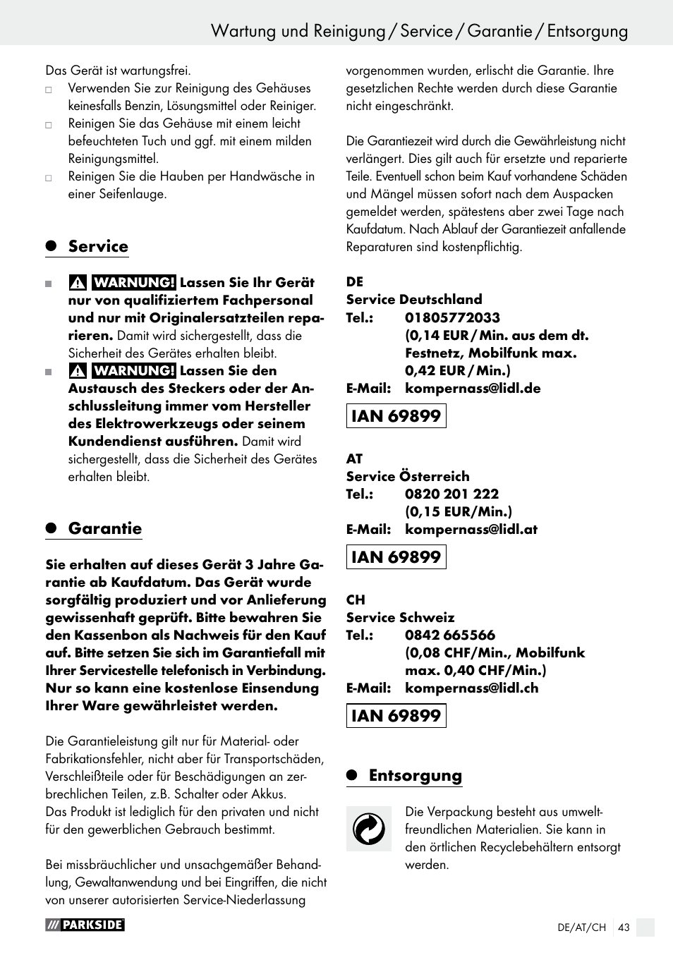 Service, Garantie, Entsorgung | Parkside PWP 90 A1 User Manual | Page 43 / 45