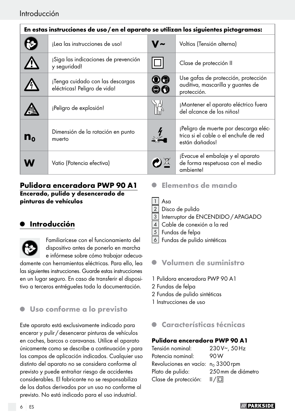 Introducción, Pulidora enceradora pwp 90 a1, Uso conforme a lo previsto | Elementos de mando, Volumen de suministro, Características técnicas | Parkside PWP 90 A1 User Manual | Page 6 / 45