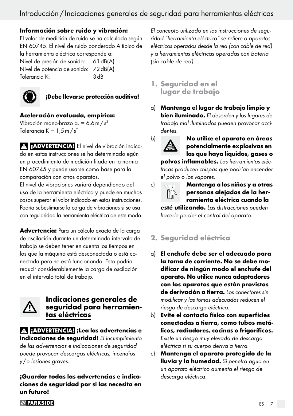 Seguridad en el lugar de trabajo, Seguridad eléctrica | Parkside PWP 90 A1 User Manual | Page 7 / 45