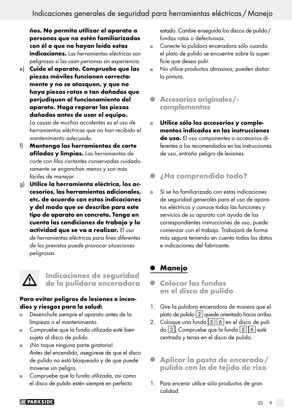 Accesorios originales / ­ complementos, Ha comprendido todo, Manejo | Colocar las fundas en el disco de pulido | Parkside PWP 90 A1 User Manual | Page 9 / 45