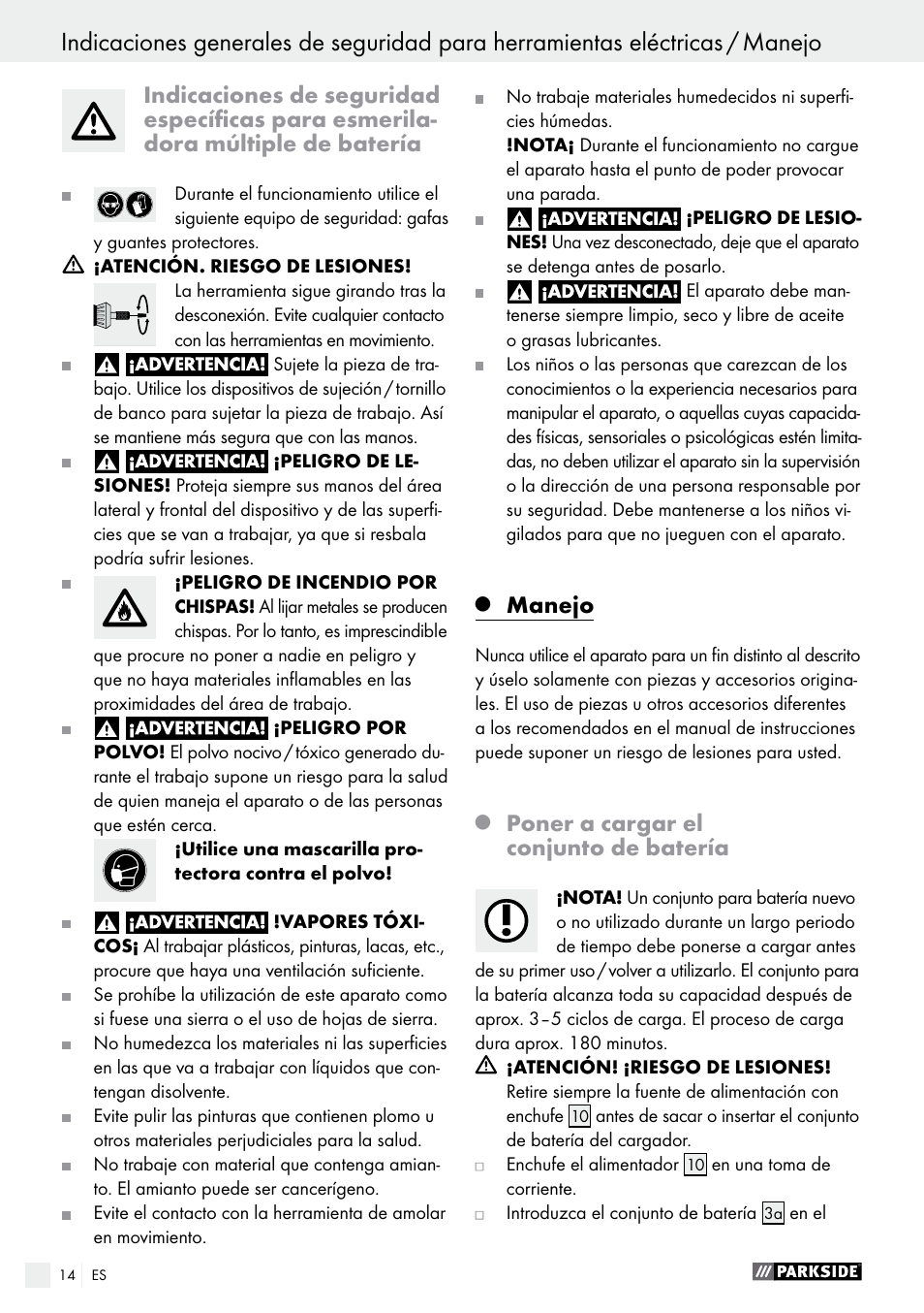 Manejo, Poner a cargar el conjunto de batería | Parkside PFBS 9.6 A1 User Manual | Page 14 / 75