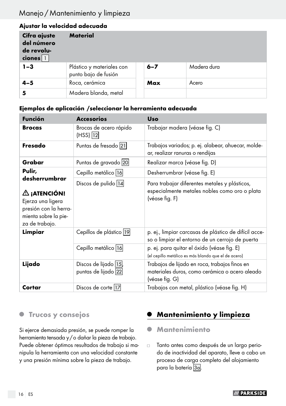 Trucos y consejos, Mantenimiento y limpieza, Mantenimiento | Parkside PFBS 9.6 A1 User Manual | Page 16 / 75