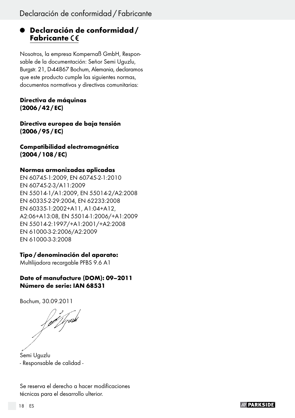 Declaración de conformidad / fabricante, Indice | Parkside PFBS 9.6 A1 User Manual | Page 18 / 75