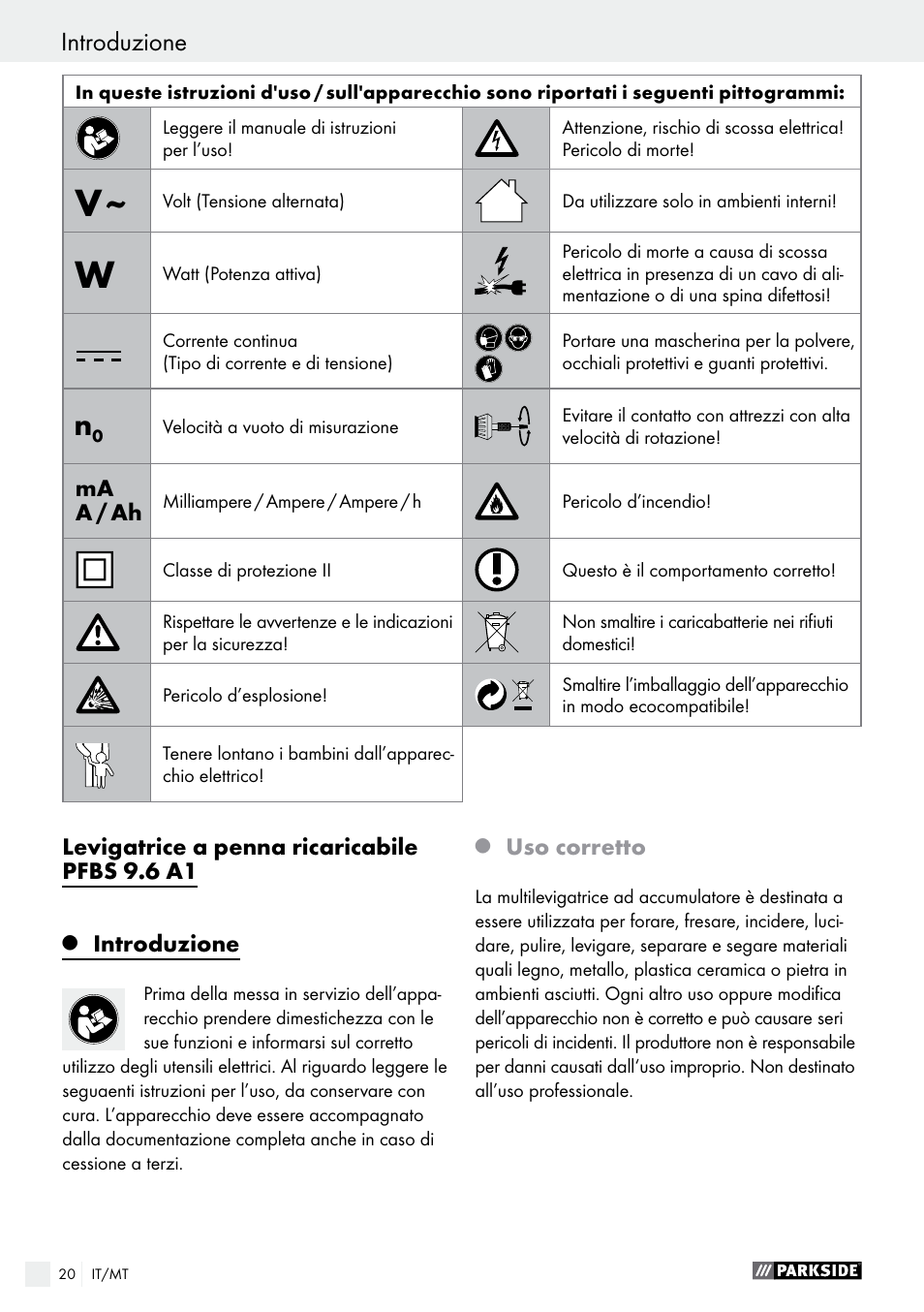 Introduzione | Parkside PFBS 9.6 A1 User Manual | Page 20 / 75